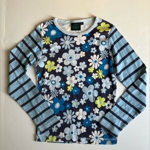 Girls MINI BODEN blue flower stripe long sleeve tee t-shirt top 9 10 9Y 10Y